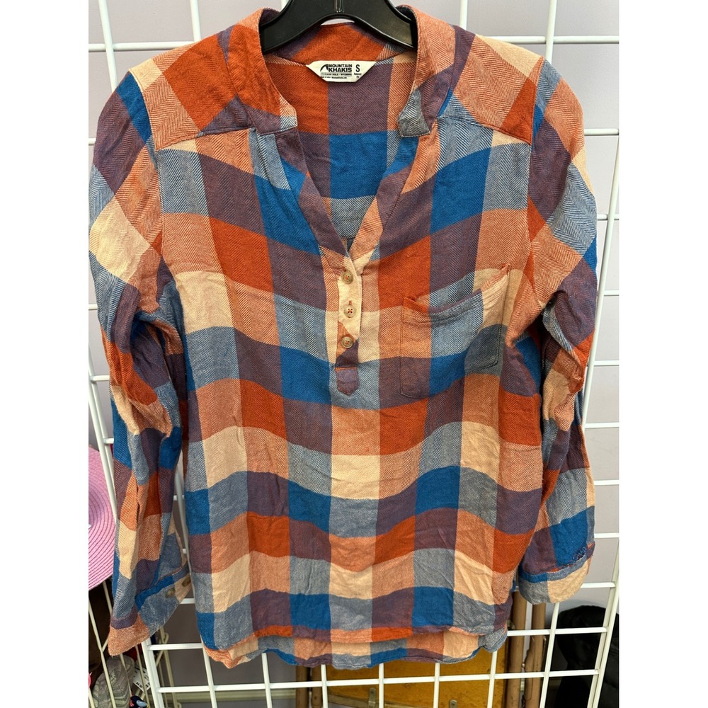 Mountain Khakis Women's Plaid Button Up Top Blouse Shirt Orange Blue Size S